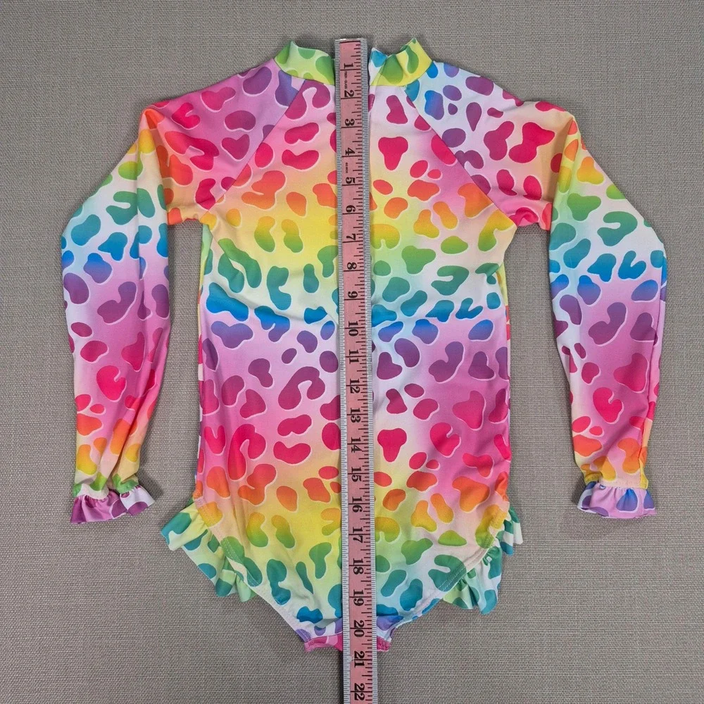 Girls Rainbow Leopard Long Sleeve Rash Guard Swimsuit Size 130